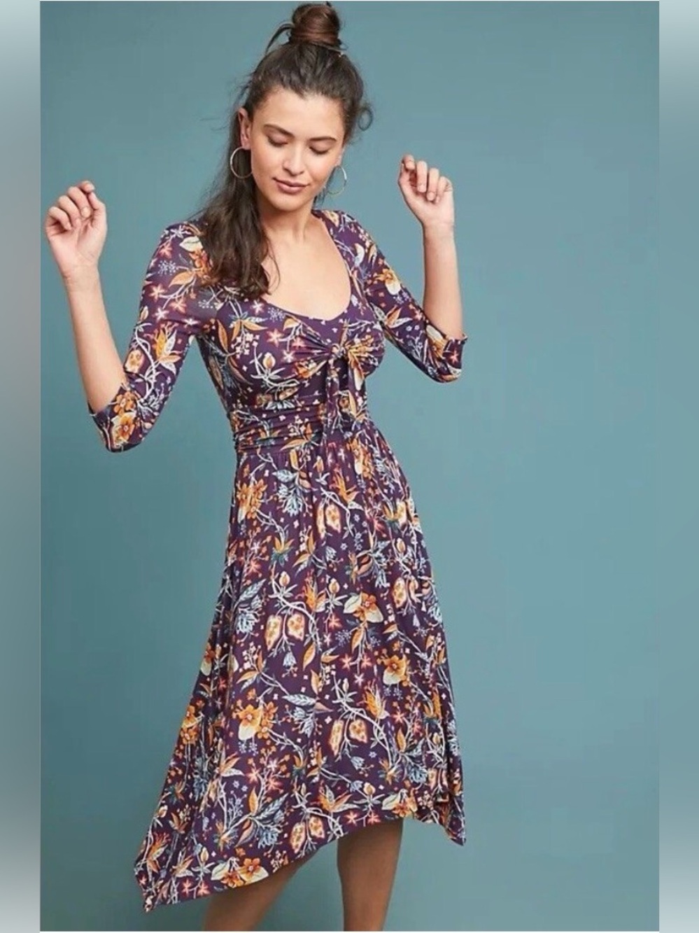 Anthropologie Maeve Beloved Dress Floral Tie Front Handkerchief Hem Dress
